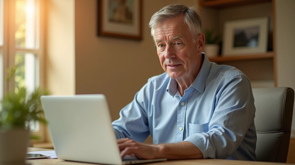 Man aged 52 working on laptop at kitchen table with notebook, morning light, focused work environment