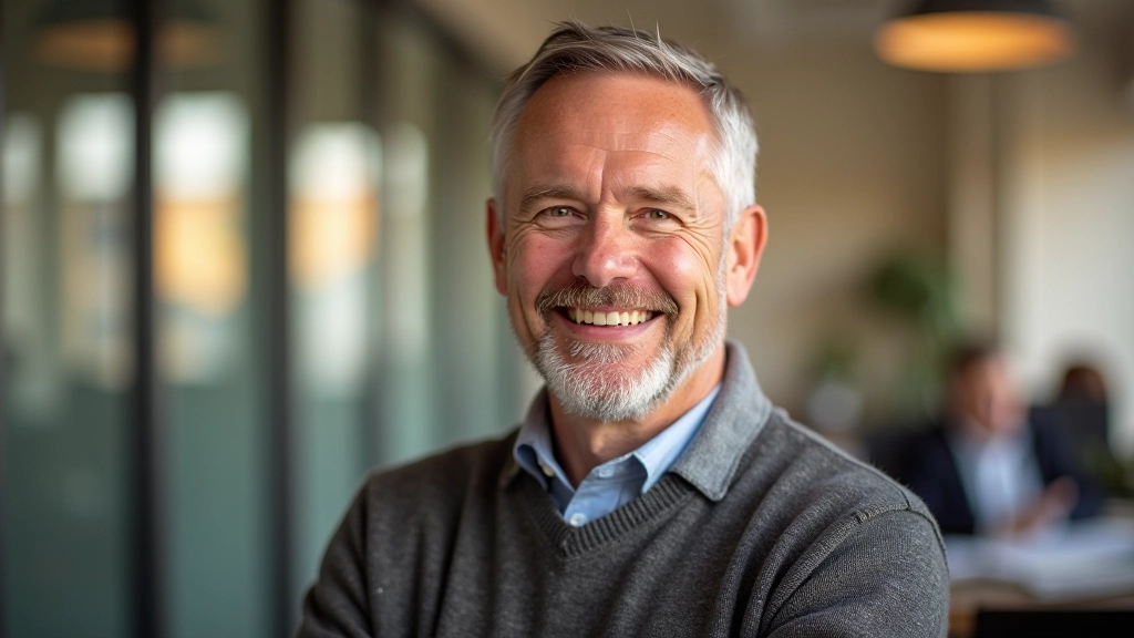 Professional photo of realistic man aged 52, fully clothed in sweater, portrait from chest up, warm natural lighting, confident relaxed expression, bright office background, sharp focus, NO text, NO watermarks