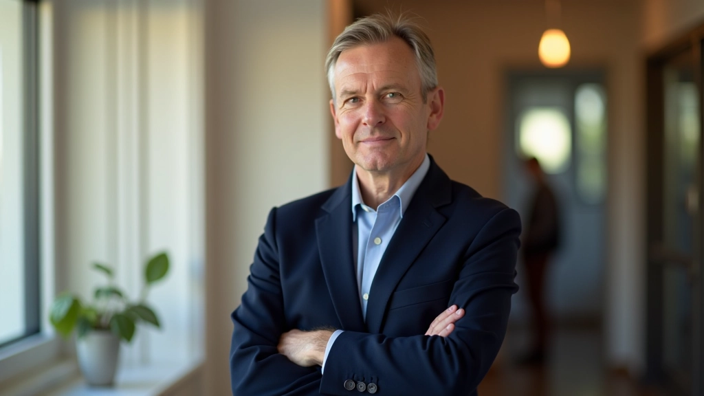 Person standing confidently with arms crossed, looking out a window, modern interior space with natural light, contemplative pose
