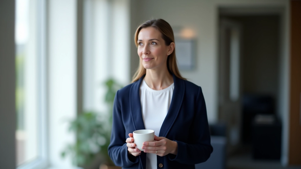 Woman in professional attire standing by window with coffee cup, looking out thoughtfully, modern bright office