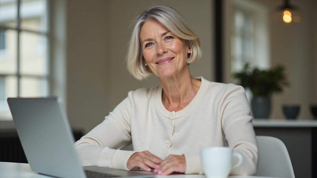 Woman aged 48 sitting in modern office with coffee, laptop, and planning materials, thoughtful expression, bright daylight