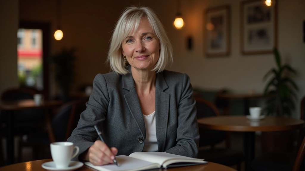 Professional photo of realistic woman aged 50, fully clothed in casual blazer, sitting at coffee table with notebook, warm cafe lighting, thoughtful expression, sharp focus, NO text, NO watermarks