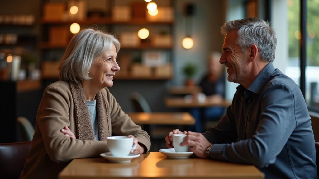 Two people having conversation over coffee at table, warm lighting, engaged discussion, comfortable setting